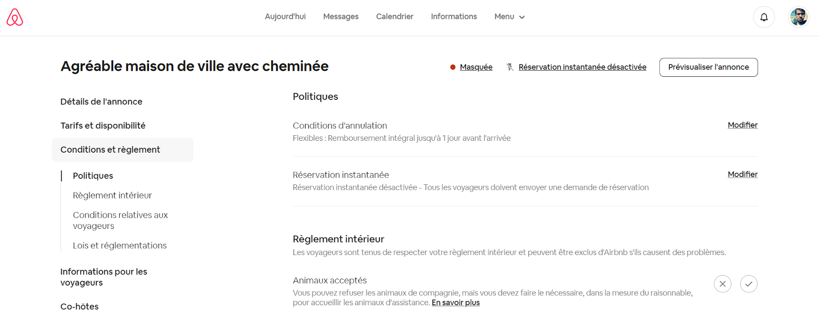 Ecran conditions d'annulation Airbnb