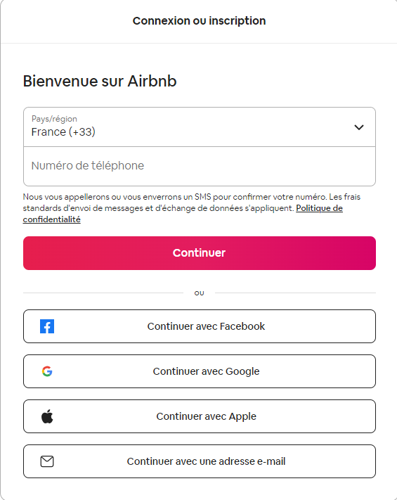 page airbnb de connexion pour propriétaire